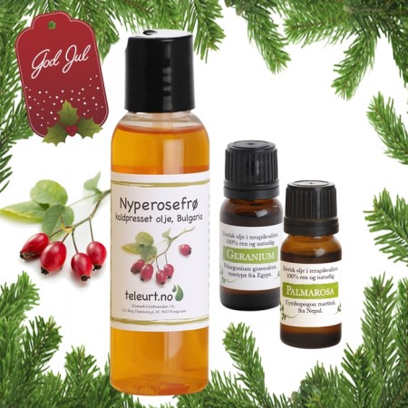 60 ml Nyperosefrø, 5 ml geranium og 5 ml palmarosa